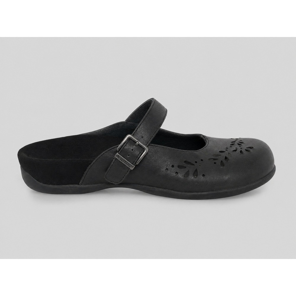 Vionic Midway Mary Jane Mules Women 10 Black Leather Floral Clogs Comfort Shoe